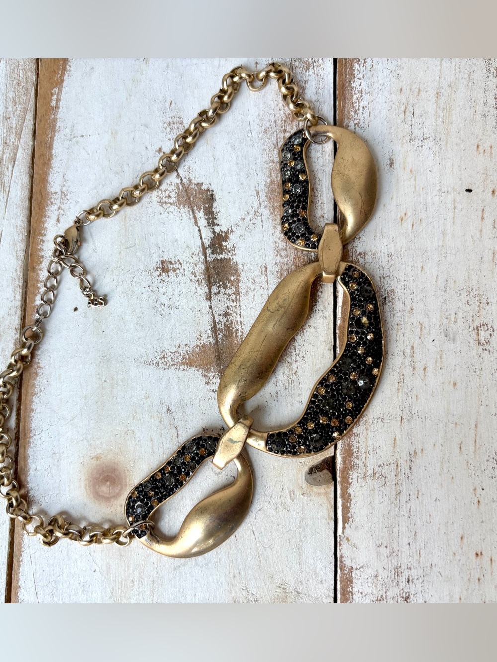 ABS Allen Schwartz bib statement necklace brushed gold pave dark crystals bold